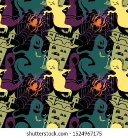 Vector Abstract Seamless Halloween Pattern For Girls And Boys. Illustration On A Black Background. Wallpaper for textile and fabric

