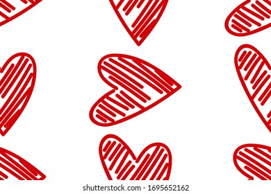 Vector abstract seamless hand drawn hearts pattern. White background with red doodled hearts. Trendy print design for textile, wrapping paper, wedding backdrops, romantic Valentine's Day concepts etc.