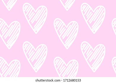 Vektorillustration abstrakt nahtlos handgezeichnet Herzen Muster. Pastellvioletter Hintergrund mit weißem doodled Herzen. Trendy Printdesign für Textilien, Verpackungspapier, Hochzeitshintergründe, Valentinstag-Konzepte usw.