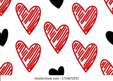 Vector abstract seamless hand drawn hearts pattern. White background with red and black doodled hearts. Trendy print design for textile, wrapping paper, wedding backdrops, Valentine's Day concepts etc