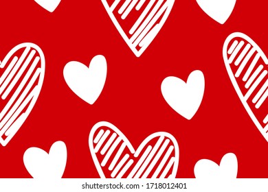 Vector abstract seamless hand drawn hearts pattern. Bright red background with white doodled hearts. Trendy print design for textile, wrapping paper, wedding backdrops, Valentine's Day concepts etc.