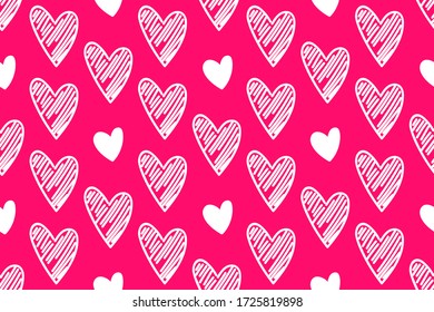 Vector abstract seamless hand drawn hearts pattern. Bright pink background with white doodled hearts. Trendy print design for textile, wrapping paper, wedding backdrops, Valentine's Day concepts etc.