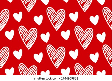 Vector abstract seamless hand drawn hearts pattern. Bright red background with white doodled hearts. Trendy print design for textile, wrapping paper, wedding backdrops, Valentine's Day concepts etc.