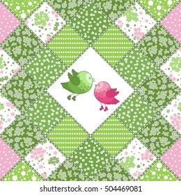 Vector abstract seamless hand drawn patchwork pattern with geometric and floral ornaments, stylized flowers, dots. Vintage boho style.