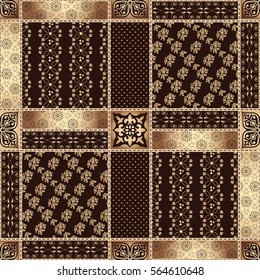 Vector abstract seamless hand drawn patchwork gold pattern with geometric and floral ornaments, stylized flowers, dots. Vintage boho style.