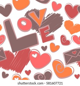 Vector abstract seamless heart pattern in pink and orange colors. Doodle hearts, love text and letter on a white background. Vector illustration.