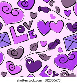 Vector abstract seamless heart pattern in violet and purple colors. Doodle hearts, rose flower, love text and letter. Vector illustration.