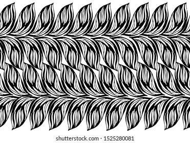 vector, Abstract Seamless horizontal border from the hand-drawn elements of black color on a white background, ready for printing on packaging, on gifts, on fabric, on covers, on paper, for creating b