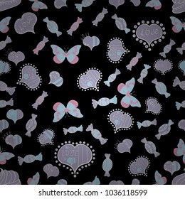 Vector. Abstract seamless love pattern. Valentines day wrapping paper. Girlish repeated backdrop with hearts, drawing in sketch style on black, neutral and white colors. Romantic wallpaper for paper.