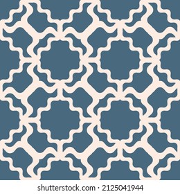 Vector abstract seamless mesh pattern. Elegant ornament texture with curved grid, wavy lattice, floral shapes. Simple blue and beige ornamental background. Repeat design for fabric, ceramic, decor