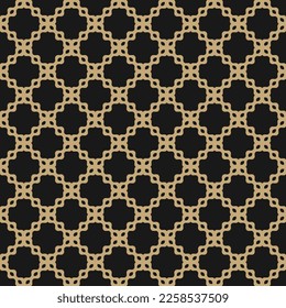 Vector abstract seamless mesh pattern. Black and gold ornament texture with curved floral shapes, grid, net, lattice. Simple background. Repeat ornamental design for print, textile, fabric, wallpaper