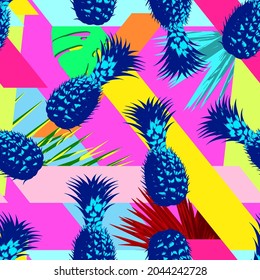 Vector abstract seamless minimalist pattern of geometrical shapes and tropical exotic leaves in psychedelic colors with blue and cyan pineapples.