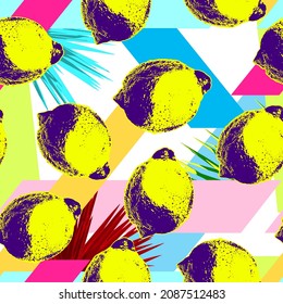 Vector abstract seamless minimalist pattern of geometrical shapes and tropical exotic leaves in psychedelic colors with yellow lemons scattered on top.