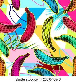 Vector abstract seamless minimalist pattern of geometrical shapes and tropical exotic leaves in psychedelic colors with halftone dot colorful bananas scattered on top.