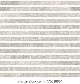 Vector abstract seamless monochrome doodle pattern. Hand drawn grey bricks with ornament, wavy stripes on a beige background. Textile patchwork American Indian, Aztec style print