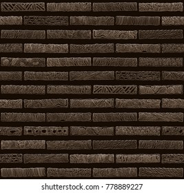 Vector abstract seamless monochrome doodle pattern. Hand drawn golden bricks with geometrical ornament, wavy stripes on a black background. Textile patchwork American Indian, Aztec style print