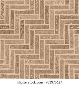 Vector abstract seamless monochrome doodle herringbone pattern. Hand drawn brown bricks with ornament, wavy stripes on a beige background. Textile patchwork American Indian, Aztec style print