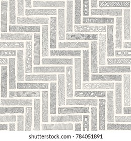 Patrón de los huesos de garganta monocromo abstracto vectorial. Ladrillos grises dibujados a mano, adornados con rayas onduladas sobre un fondo beige. Papel textil americano indio, de estilo azteca