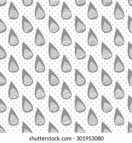  Vector abstract seamless monochrome geometrical pattern. Grey ornate drop-shaped Paisley decorative elements on a white background with light dots.