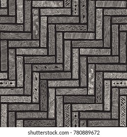 Vector abstract seamless monochrome herringbone pattern. Hand drawn beige grey doodle bricks with ornament, wavy stripes on a dark black background. Textile patchwork American Indian, Aztec style prin