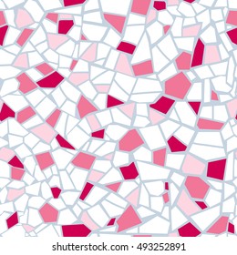 Vector abstract seamless mosaic pattern. Rose, pink and white background. For design and decorate backdrop. Endless texture. Ceramic tile fragments. Colorful broken tiles (trencadis).
