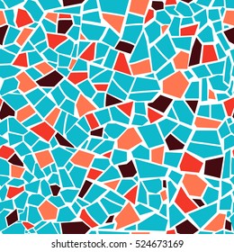 Vector abstract seamless mosaic pattern. Blue, white, red, orange bright background. For design and decorate backdrop. Endless texture. Ceramic tile fragments. Colorful broken tiles (trencadis).