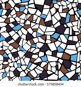 Vector abstract seamless mosaic pattern. Blue, white, brown and black bright background. Ceramic tile fragments. Colorful broken tiles. Endless texture. 