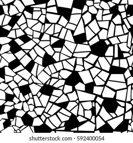 Vector abstract seamless mosaic pattern. Black, white, monochrome background. Ceramic tile fragments. Broken tiles. Endless texture. 