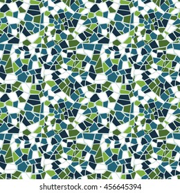 Vector abstract seamless olive mosaic pattern. Green, blue and white background. For design and decorate backdrop. Endless texture. Ceramic broken tile fragments. 