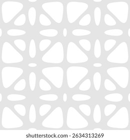 Vector abstract seamless ornament texture. Minimal geometric pattern with floral shapes, leaves, lattice, curved lines, grid, mesh. Light grey and white background. Subtle modern repeated geo design 
