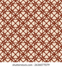 Vector abstract seamless ornament texture. Elegant geometric pattern with floral shapes, leaves, lattice, curved grid, mesh, net. Maroon and beige color background. Repeated design for decor, fabric