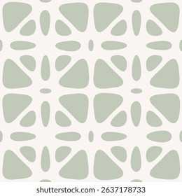 Vector abstract seamless ornament texture. Minimal geometric pattern with floral silhouettes, organic shapes, leaves, lattice, curved lines, grid. Light green background. Subtle repeated geo design