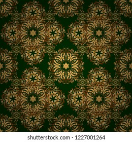 Vector abstract seamless patchwork background with green and golden ornaments, geometric Moroccan seamless pattern. Stylized golden stars, snowflakes and grids. Ethnic Indian folklore.