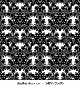 Vector abstract seamless patchwork background with black and white ornaments, geometric Moroccan seamless pattern. Ethnic Indian folklore. Stylized stars, snowflakes and grids.