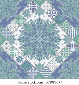 Vector abstract seamless patchwork background from dark green, indigo blue and light grey oriental ornaments, polka dot patterns, rosette from stylized flowers and leaves. Geometrical textile print