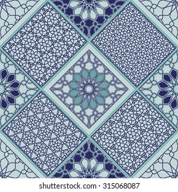 Vector abstract seamless patchwork background from blue and light turquoise geometrical Moroccan traditional arabesque patterns, triangles with ornaments, stylized flowers and lacy hexagonal stars