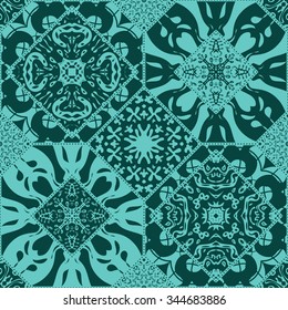 Vector abstract seamless patchwork background ornaments. Ornament of various shapes. Textile design, batik paint.
