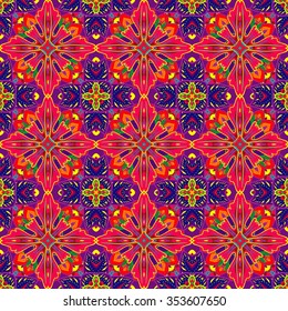 Vector abstract seamless patchwork background from red and blue ornaments, geometric Moroccan patterns, stylized flowers and leaves