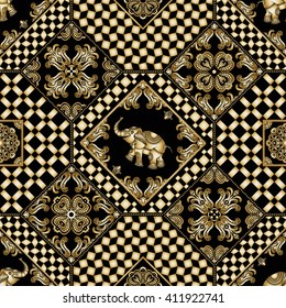 Vector abstract seamless patchwork background from black and golden ornaments, geometric Moroccan patterns, stylized flowers, leaves and fairy elephant ornate silhouettes. Ethnic, Indian folklore