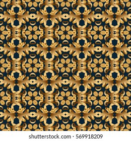 Vector abstract seamless patchwork background with blue and golden ornaments, geometric Moroccan seamless pattern. Stylized golden stars, snowflakes and grids. Ethnic Indian folklore.