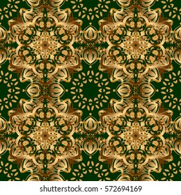 Vector abstract seamless patchwork background with green and golden ornaments, geometric Moroccan seamless pattern. Stylized golden stars, snowflakes and grids. Ethnic Indian folklore.