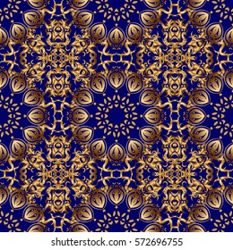 Vector abstract seamless patchwork background with blue and golden ornaments, geometric Moroccan seamless pattern. Stylized golden stars, snowflakes and grids. Ethnic Indian folklore.