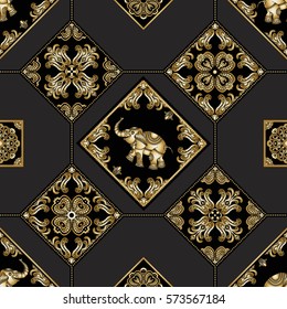 Vector abstract seamless patchwork background from black and golden ornaments, geometric Moroccan patterns, stylized flowers, leaves and fairy elephant ornate silhouette. Ethnic, Indian folklore