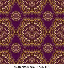 Vector abstract seamless patchwork background with purple and golden ornaments, geometric Moroccan seamless pattern. Stylized golden stars, snowflakes and grids. Ethnic Indian folklore.