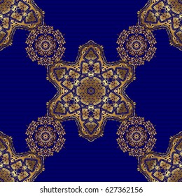 Vector abstract seamless patchwork background with blue and golden ornaments, geometric Moroccan seamless pattern. Stylized golden stars, snowflakes and grids. Ethnic Indian folklore.