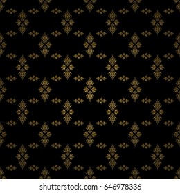 Vector abstract seamless patchwork background with black and golden ornaments, geometric Moroccan seamless pattern. Stylized golden stars, snowflakes and grids. Ethnic Indian folklore.