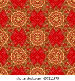 Vector abstract seamless patchwork background with red and golden ornaments, geometric Moroccan seamless pattern. Stylized golden stars, snowflakes and grids. Ethnic Indian folklore.