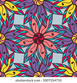 Vector abstract seamless patchwork pattern. Arabic tile texture with geometric and floral ornaments, stylized flowers, dots and lace.