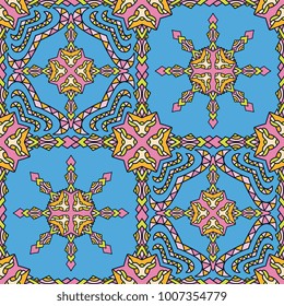 Vector abstract seamless patchwork pattern. Arabic tile texture with geometric and floral ornaments, stylized flowers, dots and lace.