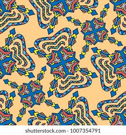 Vector abstract seamless patchwork pattern. Arabic tile texture with geometric and floral ornaments, stylized flowers, dots and lace.